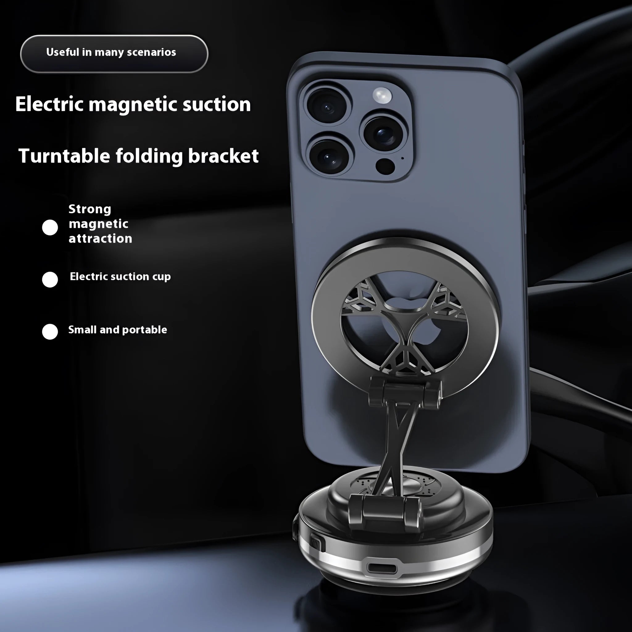 Vacuum adsorption car phone holder in Deep Space Gray with electric magnetic rotating folding stand for smartphones over 4.7 inches