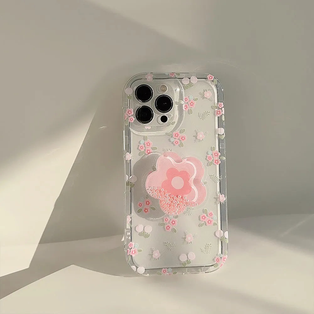 Crushed Flower Flowing Sand Stand Phone Case Transparent TPU 1.5mm Soft Hard Moderate Camera Hole Precise Key Position 3D Stereo Keys Hanging Rope Hole Compatible Apple iPhone 15 14 13 12 Pro Max Plus