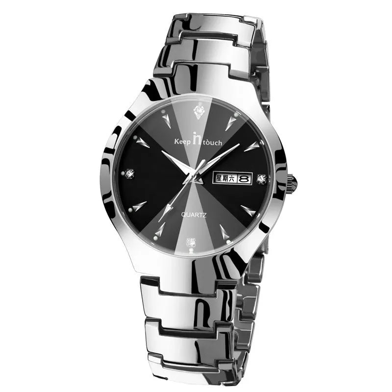 Luminous couple calendar quartz watch with 38mm round alloy case and mineral glass, available in silver black