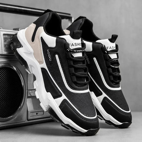 Men's breathable mesh running shoes with injection moulded sole, front lace-up, black and blue colour, size 39-44
