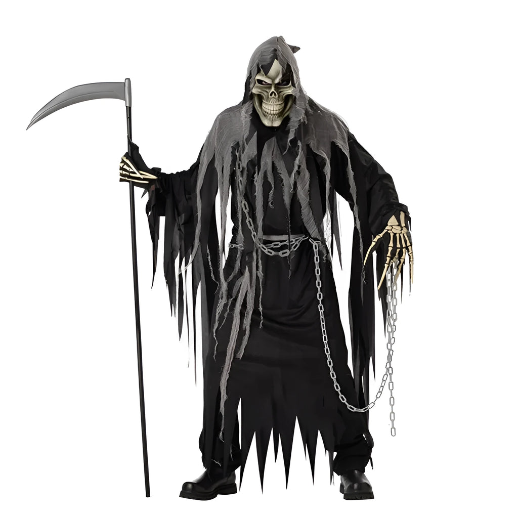 Halloween adult performance costume set with ghost headgear robe belt and ghost gloves