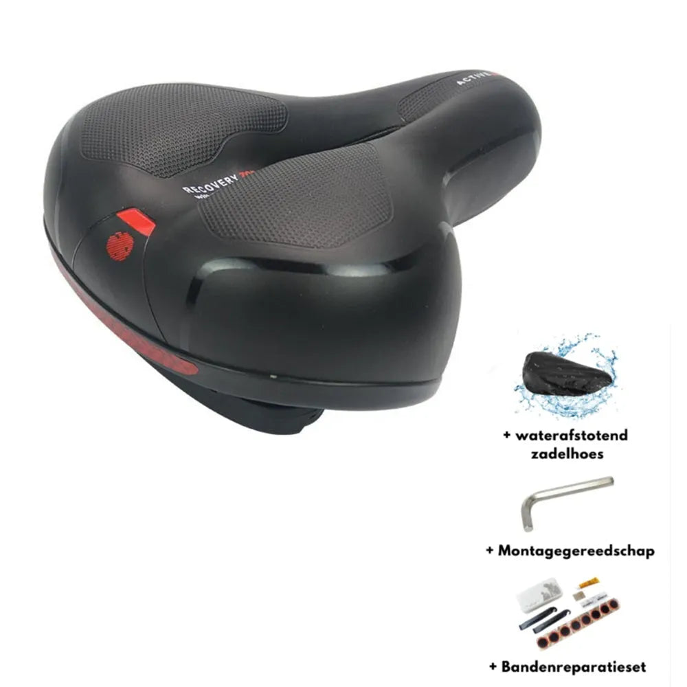 Bicycle saddle cushion with soft silicone padding and waterproof cover, includes wrench and tyre repair kit