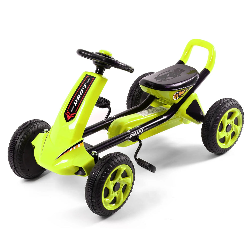 Red metal children's pedal karting four-wheel bike on outdoor surface