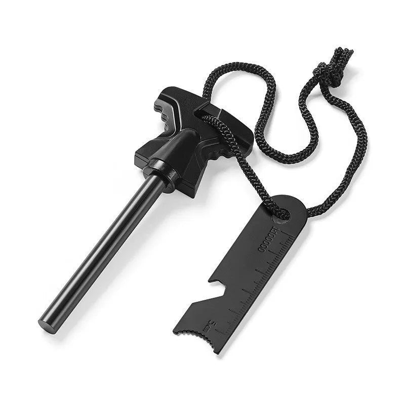 Butterfly-shaped outdoor firestone survival tool with integrated stainless steel bottle opener measuring 117mm