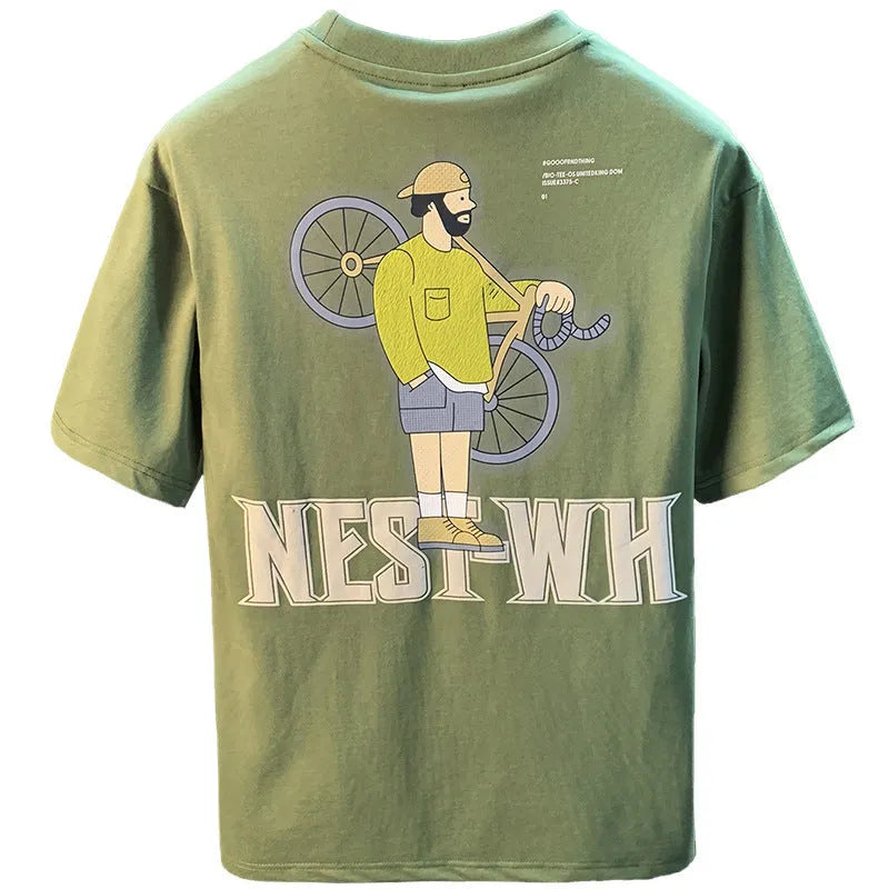 Green men's loose fit t-shirt with a literary youth print on the front, short sleeves.
