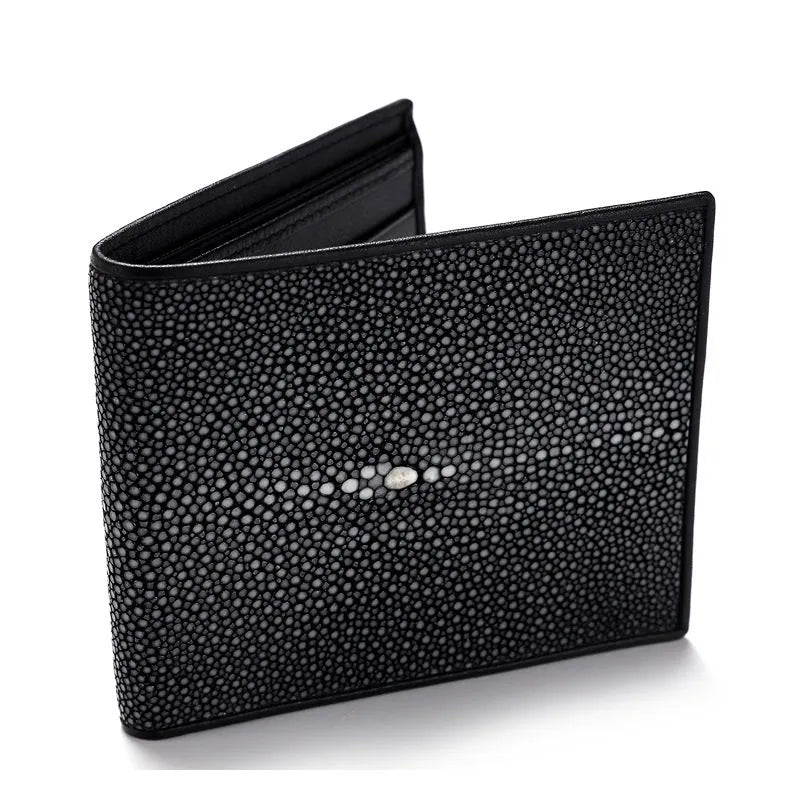 Short pearl fishskin grinding beads wallet with cowhide leather in horizontal square design