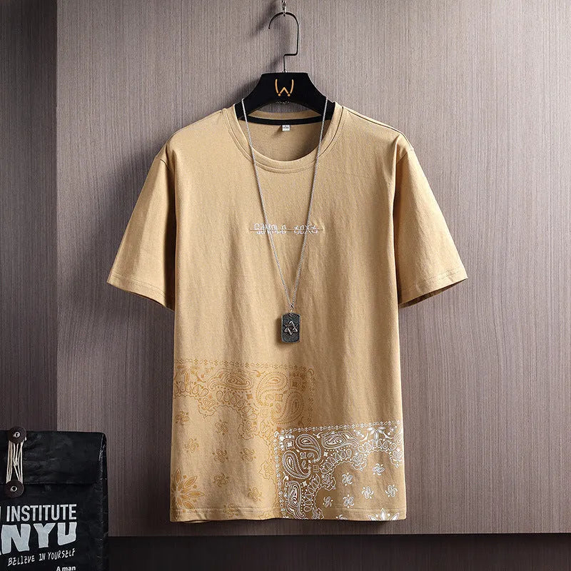 Men's loose fit short-sleeve round neck T-shirt with geometric print in black colour option