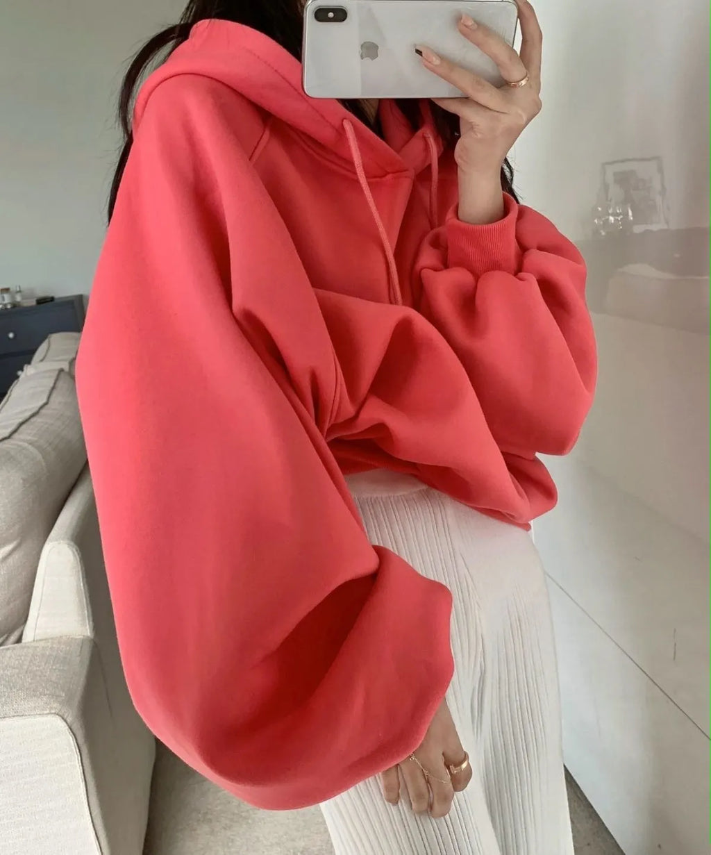 Women's loose mulberry silk hooded sweater in solid watermelon red, sleeveless A-line cut