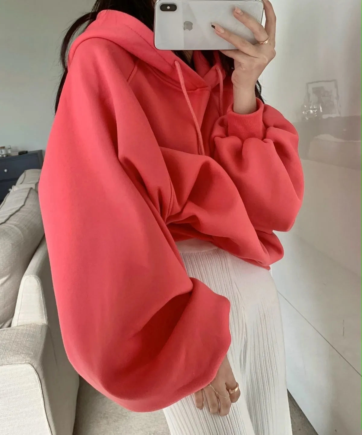 Women's loose mulberry silk hooded sweater in solid watermelon red, sleeveless A-line cut