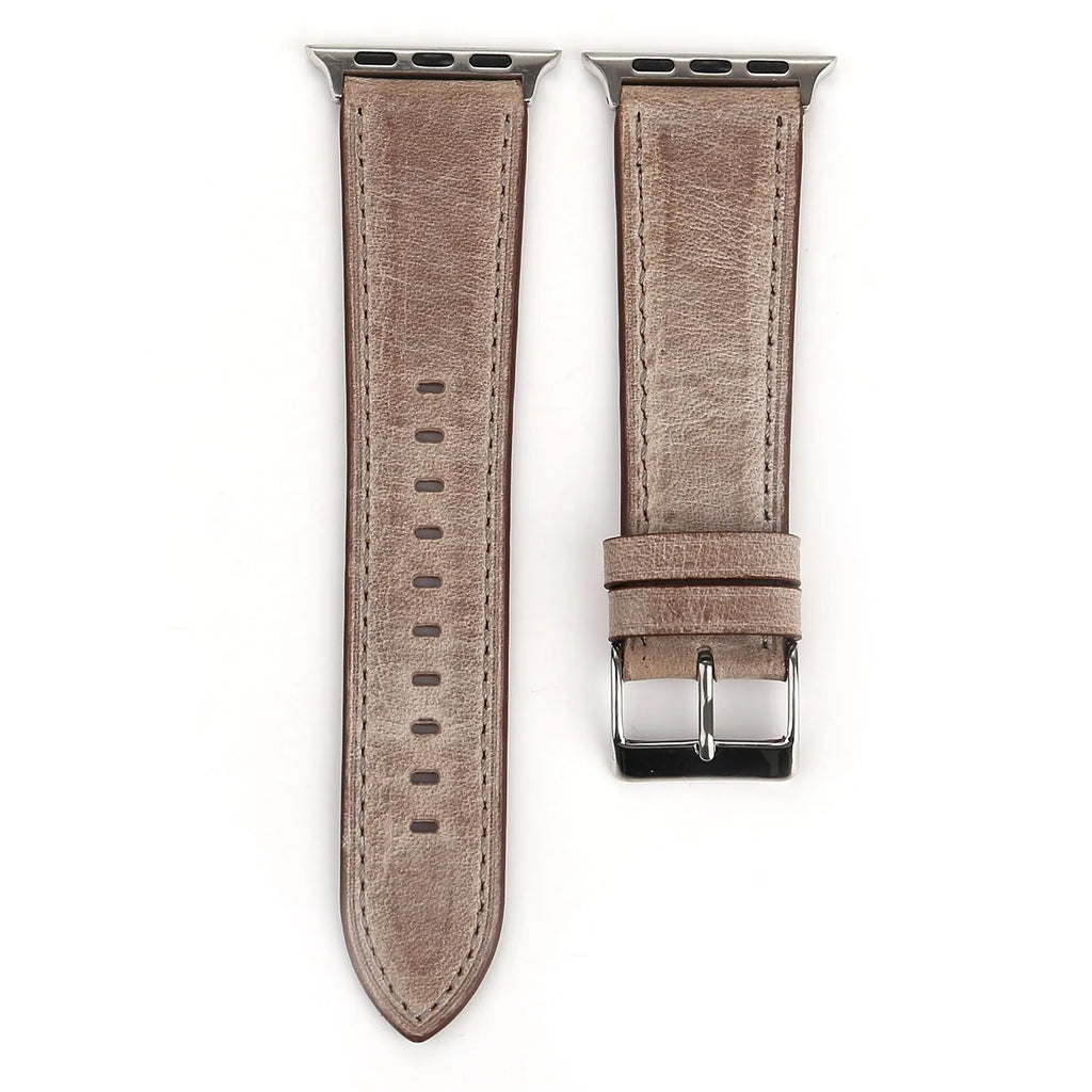 Blue leather watch strap with a silver folding buckle on a 42mm width watch case.