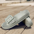 Women's grey blue buckle slippers with soft EVA sole and adjustable fastening