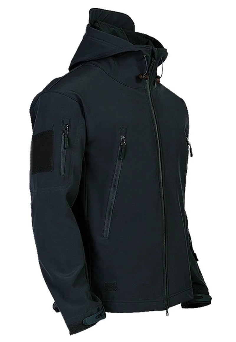 Men's windproof hooded soft shell jacket in polyester fibre, available in black, green, grey, and khaki sizes S to 4XL