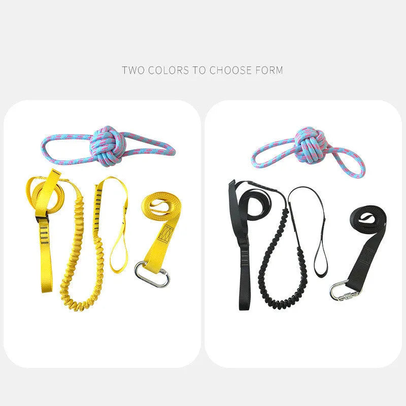 Pet training rope toy set with polyester training belt and rope toy in yellow and black for dog training