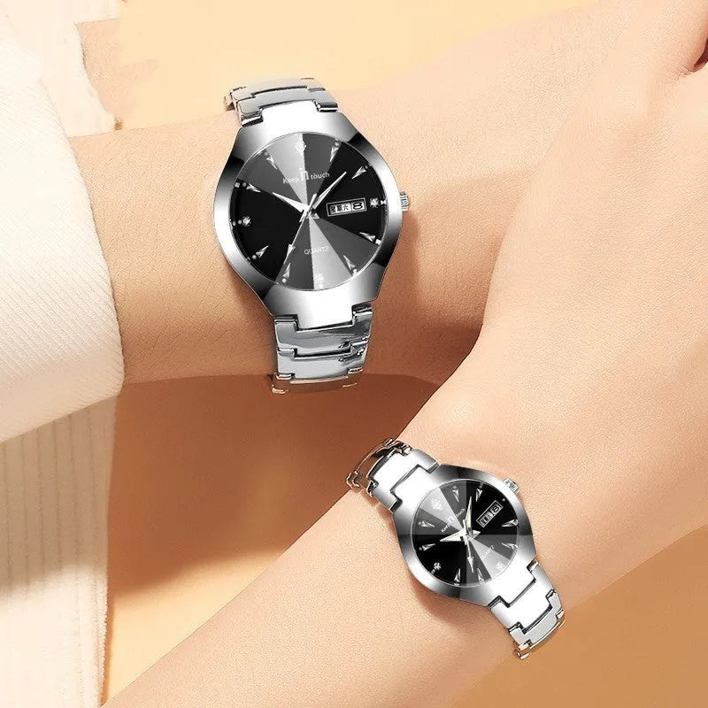 Luminous couple calendar quartz watch with 38mm round alloy case and mineral glass, available in silver black