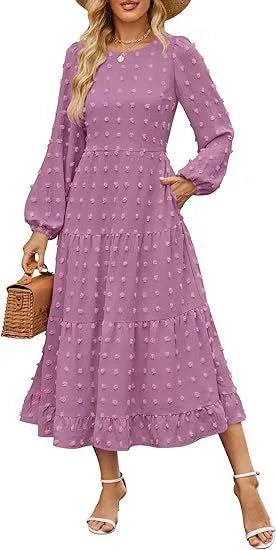 Autumn long sleeve dress with high waist and ruffle sleeves in solid colour options