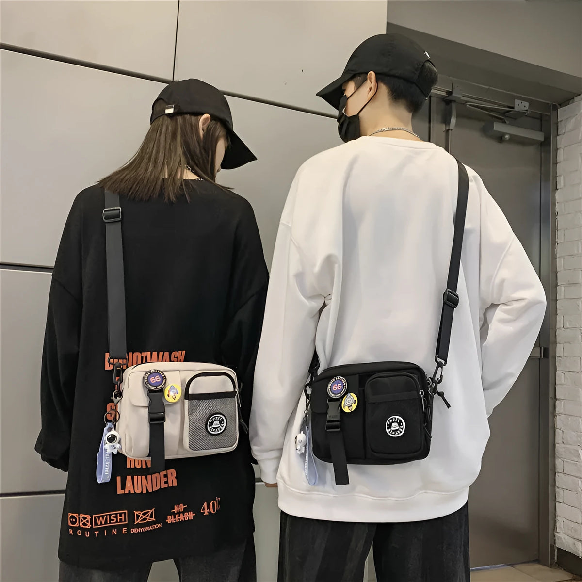 Casual nylon messenger bag for men women waterproof lightweight 22x6x17cm with badge pendants in beige black blue gray