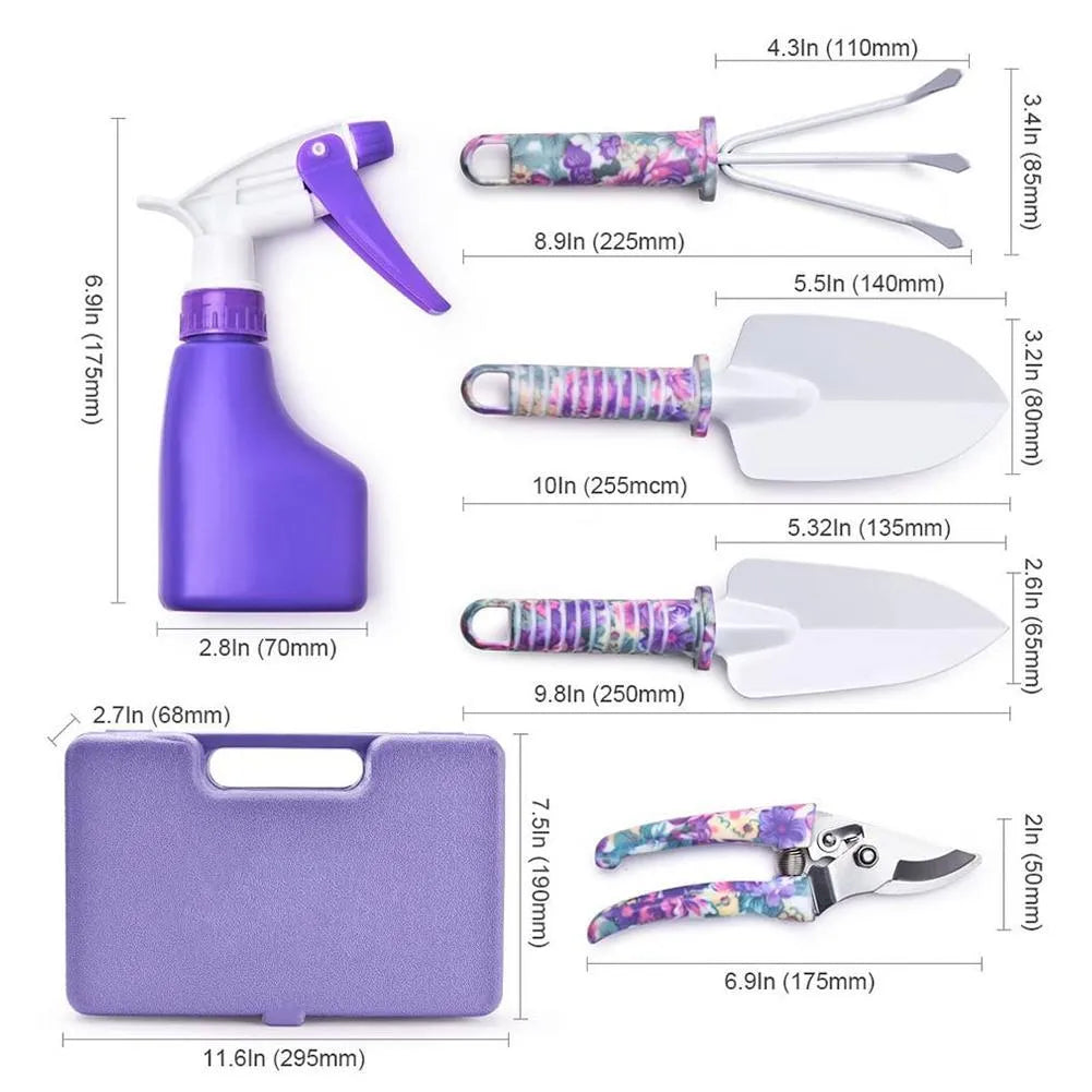 10-piece purple gardening tool set with rust-proof iron paint finish and plastic handles in storage box