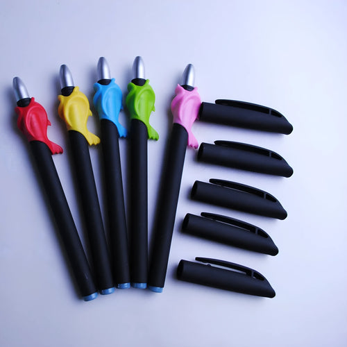 Automatic fading pen with 0.5mm tip, plastic housing, blue ink refills, and pen holder