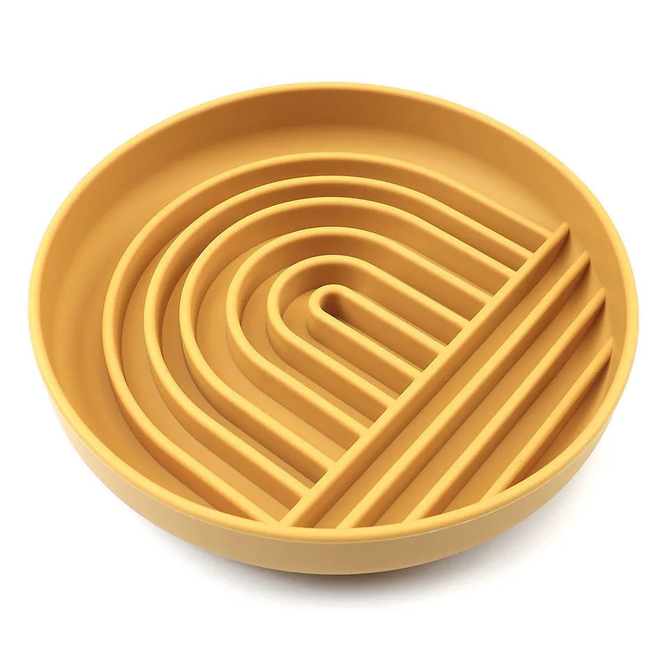 Silicone slow feeder dog bowl with ridges, shown in beige colour, measuring 19 cm.