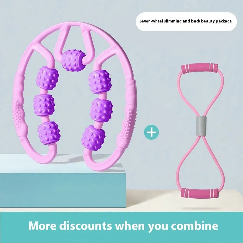 Ring clip leg massager roller with multiple acupressure wheels in Macaron Pink, Blue, or Purple.