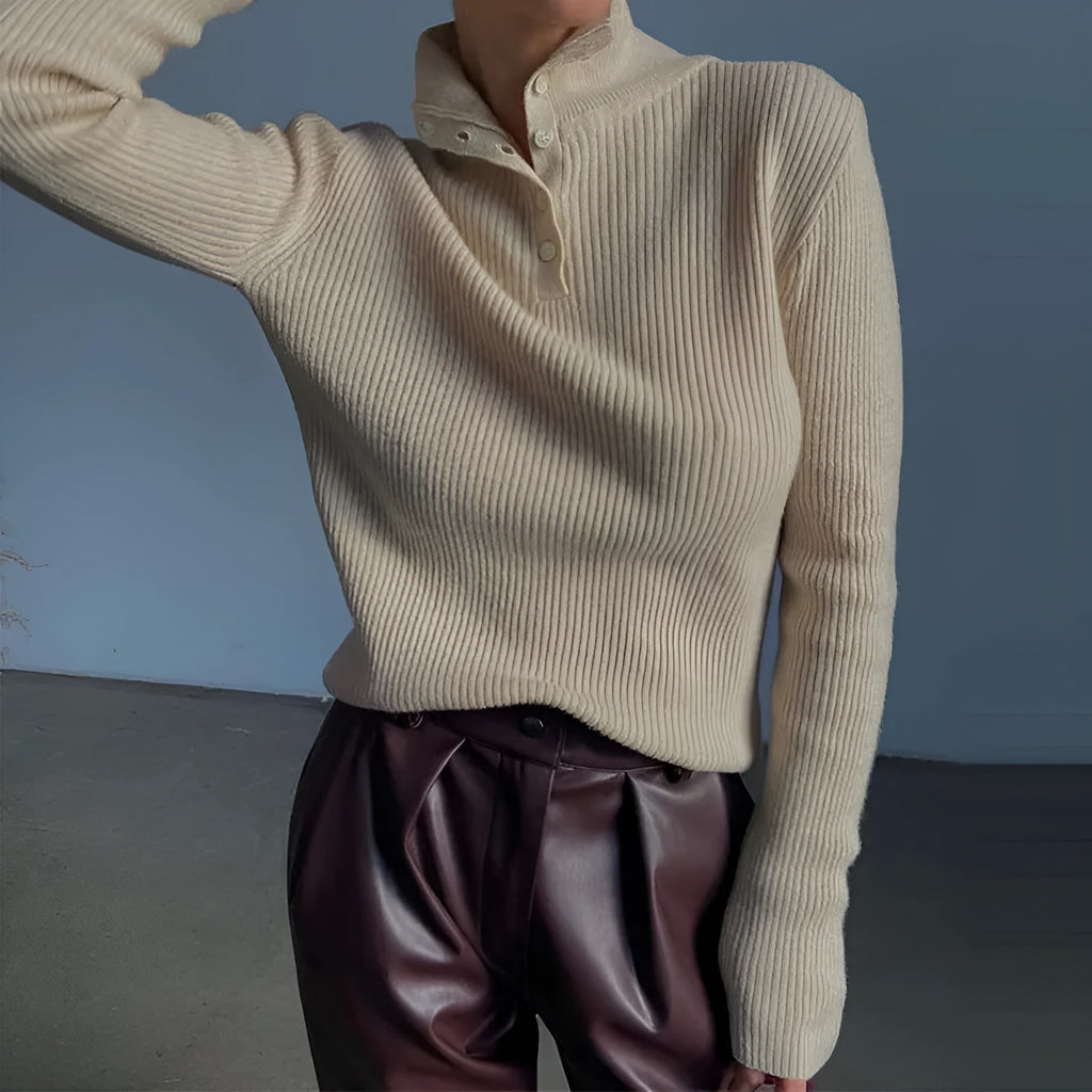 Women's slim-fit retro pullover sweater with a half-turtleneck neckline and single-breasted placket in silver grey.