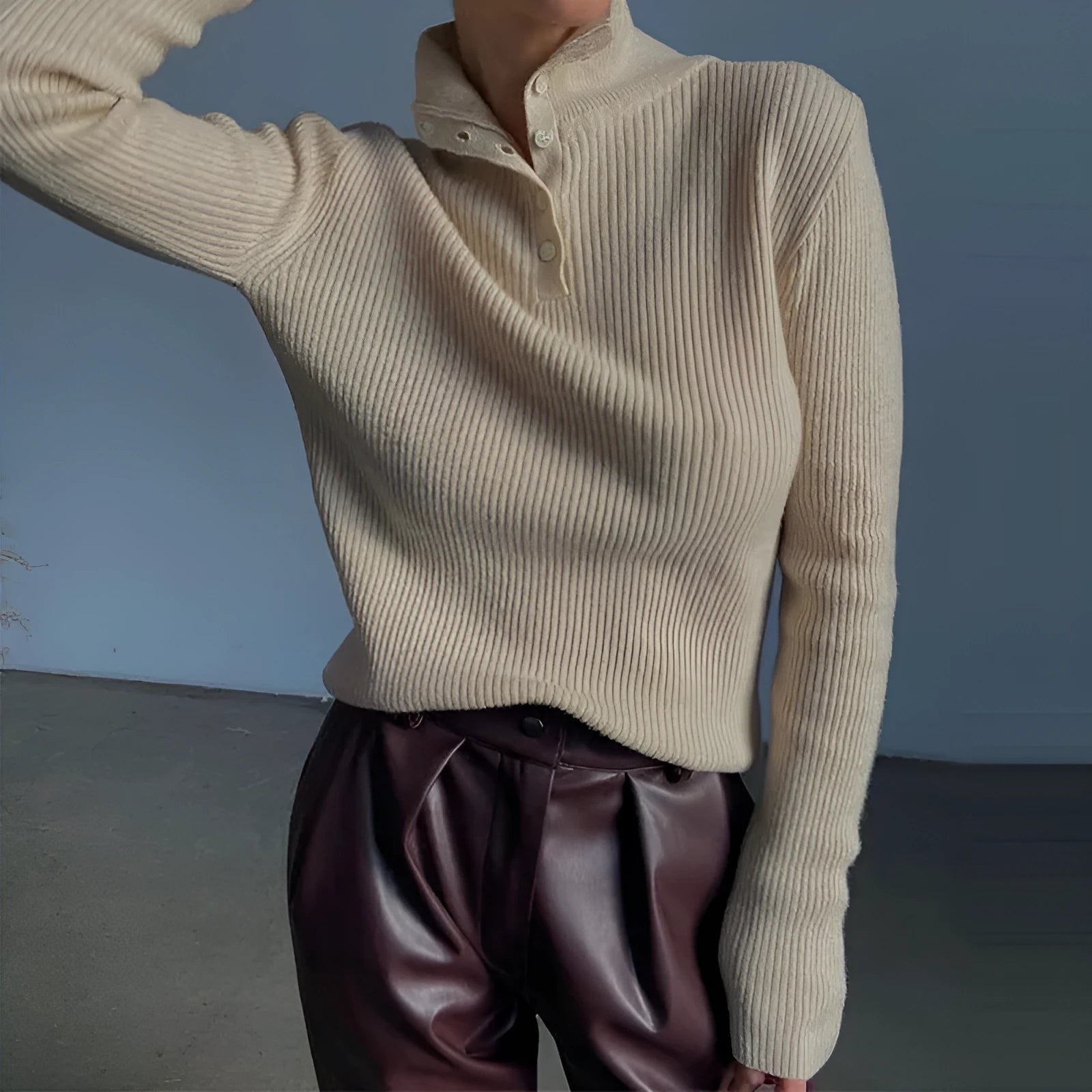 Women's slim-fit retro pullover sweater with a half-turtleneck neckline and single-breasted placket in silver grey.