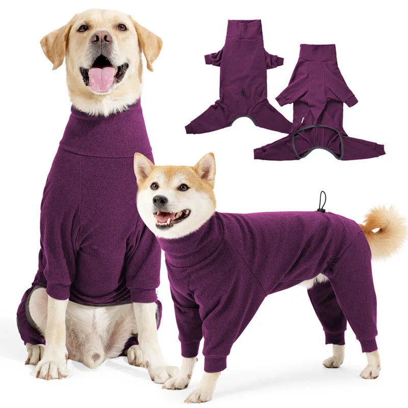 Four-legged polar fleece dog coat with high collar in dark grey or wine red