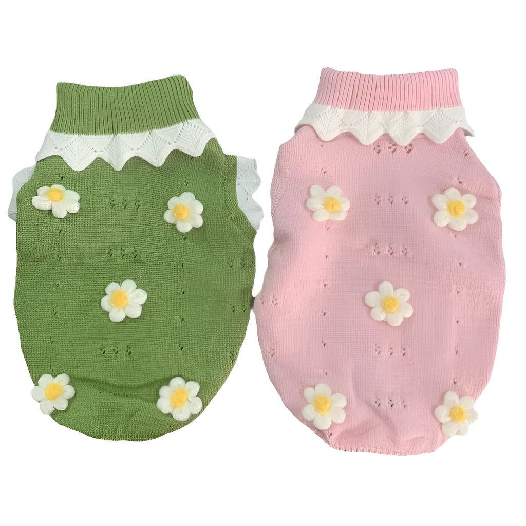 Green and pink flower pattern dog and cat sweaters in sizes XS to XL for pets 1.5kg to 8kg