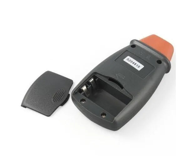 Digital tachometer in dark grey ABS plastic with 5-digit LCD display and black buttons on white background
