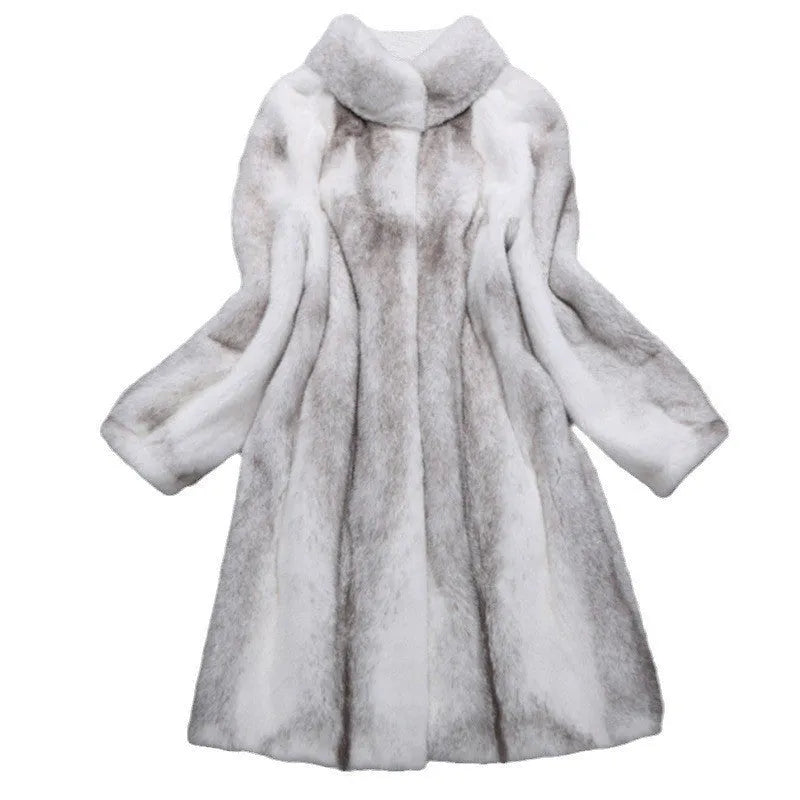 White women's faux fur coat with stand-up collar, 80 cm length, regular sleeves