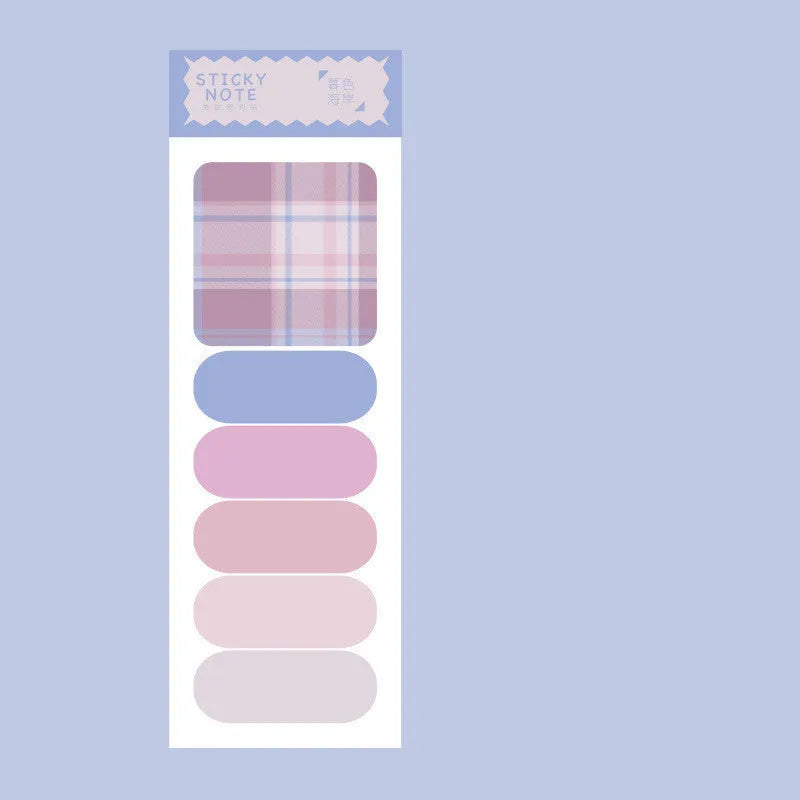 Set of colourful sticky note memo pads in eight designs including plaid and solid colours.
