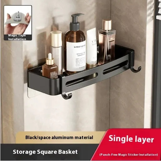 Gun grey punch-free wall-mounted bathroom corner storage rack with fan-shaped design