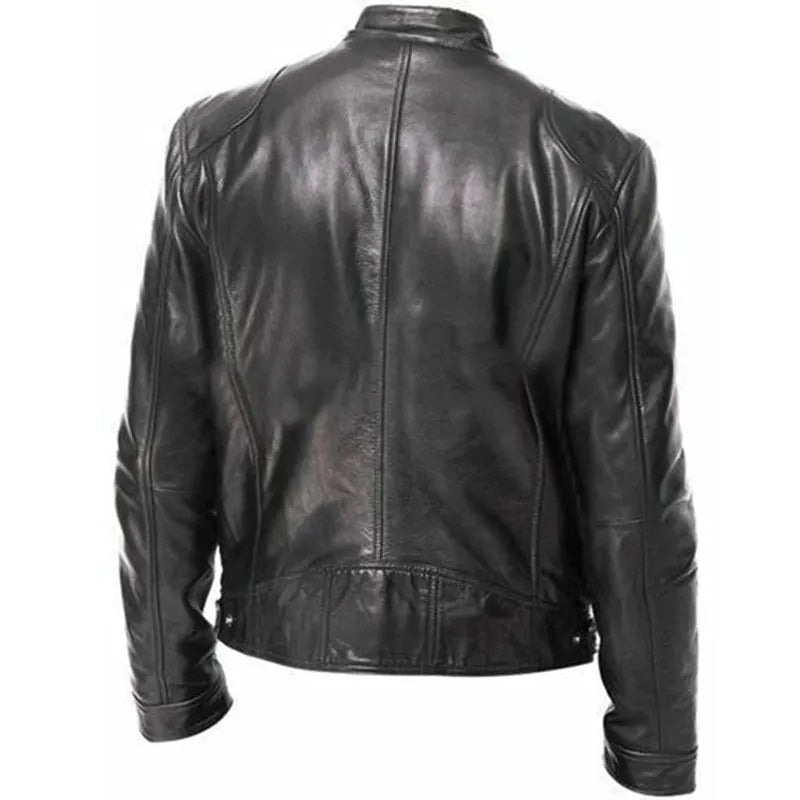 PU leather slim-fit biker jacket for men in black, front view with zipper and collar