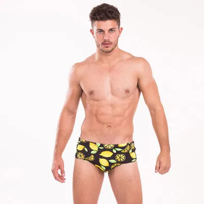 Men's spandex swim boxer briefs in photo colour, close-fitting design for beach or pool.