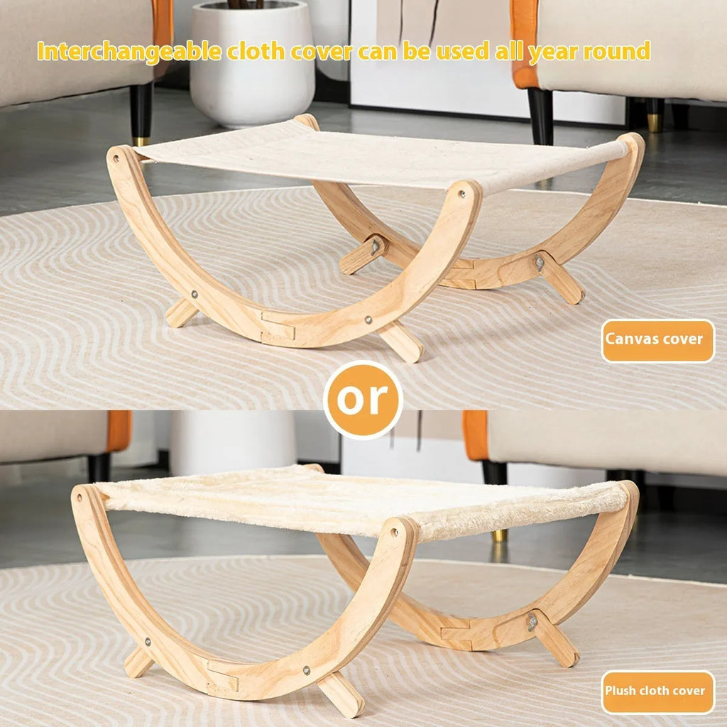 Solid wood foldable cat hammock bed with canvas plush sleeping surface measuring 55cm