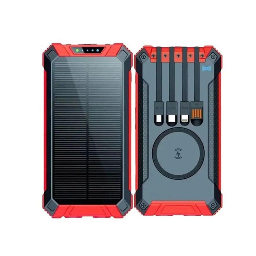 Outdoor solar power bank 20000mAh portable charger in industrial style with plastic shell in red colour