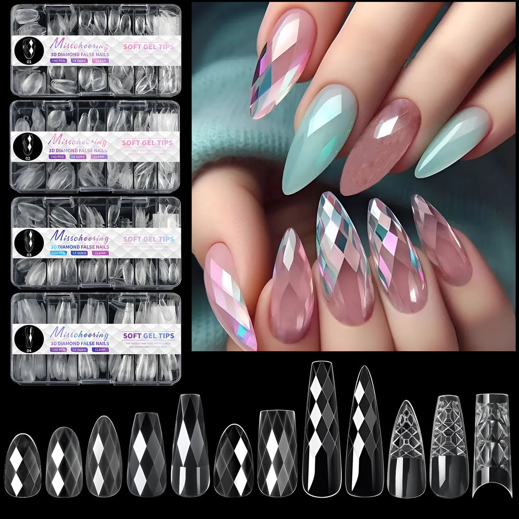 Box of long, shaped false nail tips with glittering diamond texture in various pink and white colours.