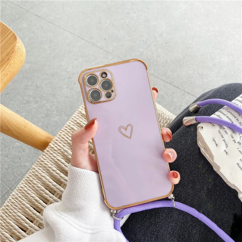 Electroplating hollow love TPU phone case with grey lanyard for iPhone 12