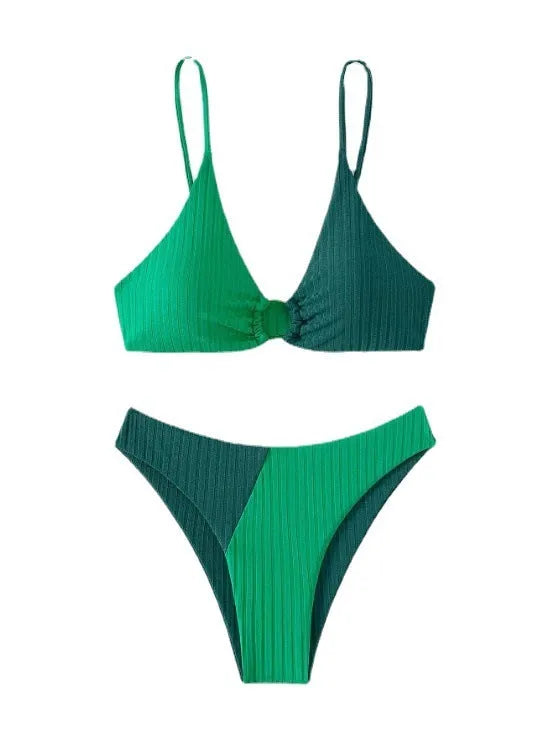 Solid colour stitching bikini set for women in lake blue with sleeveless top and brief bottom, polyester fabric