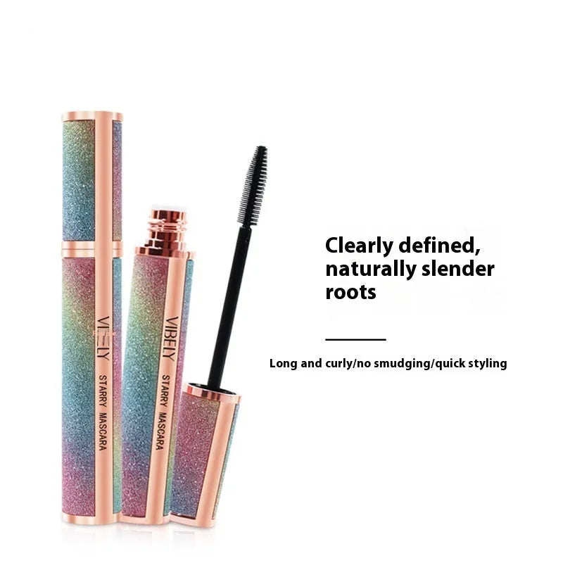 Black waterproof mascara wand with thick curling formula in English packaging