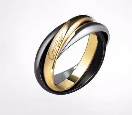A pair of silver couple rings with a full diamond setting and U-shaped geometric design on a grey background.