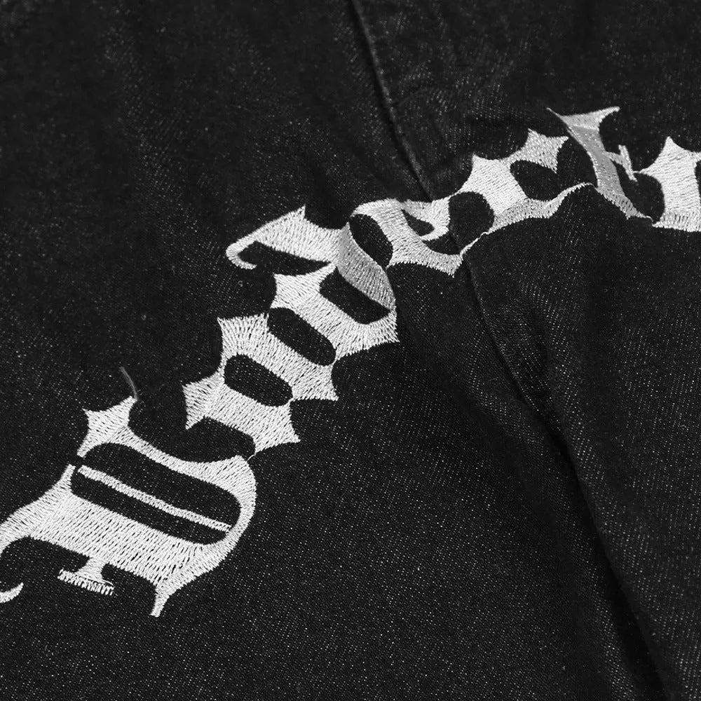 European American Style Letter Embroidered Jeans Straight Trousers Black Cotton Denim Cowboy Fabric No Stretch M L XL 2XL 3XL 4XL