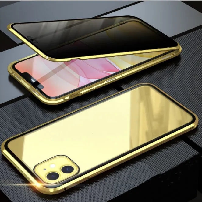 Black double-sided glass magnetic clamshell iPhone case showing front and back tempered glass protection