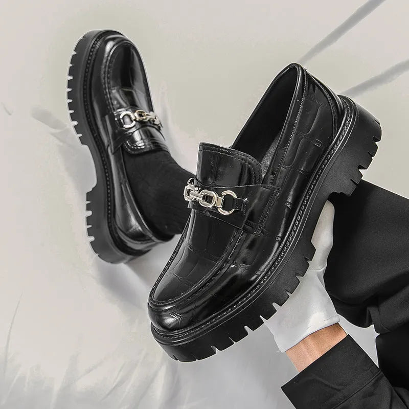 Men's black crocodile pattern leather platform loafers with flat heel