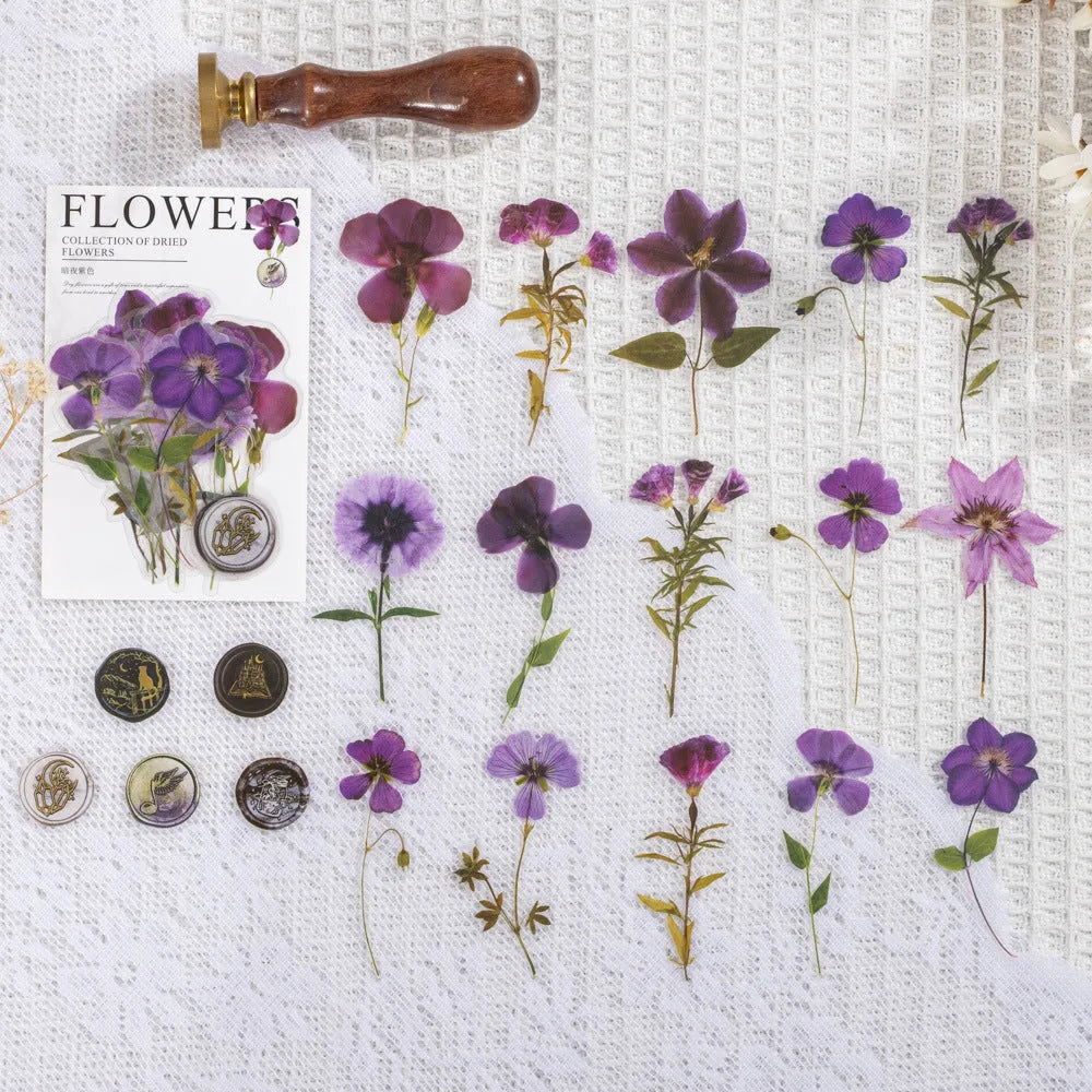 Set of dried flowers artistic stickers for journal decoration showing eight colour designs on 70mm PET sheets