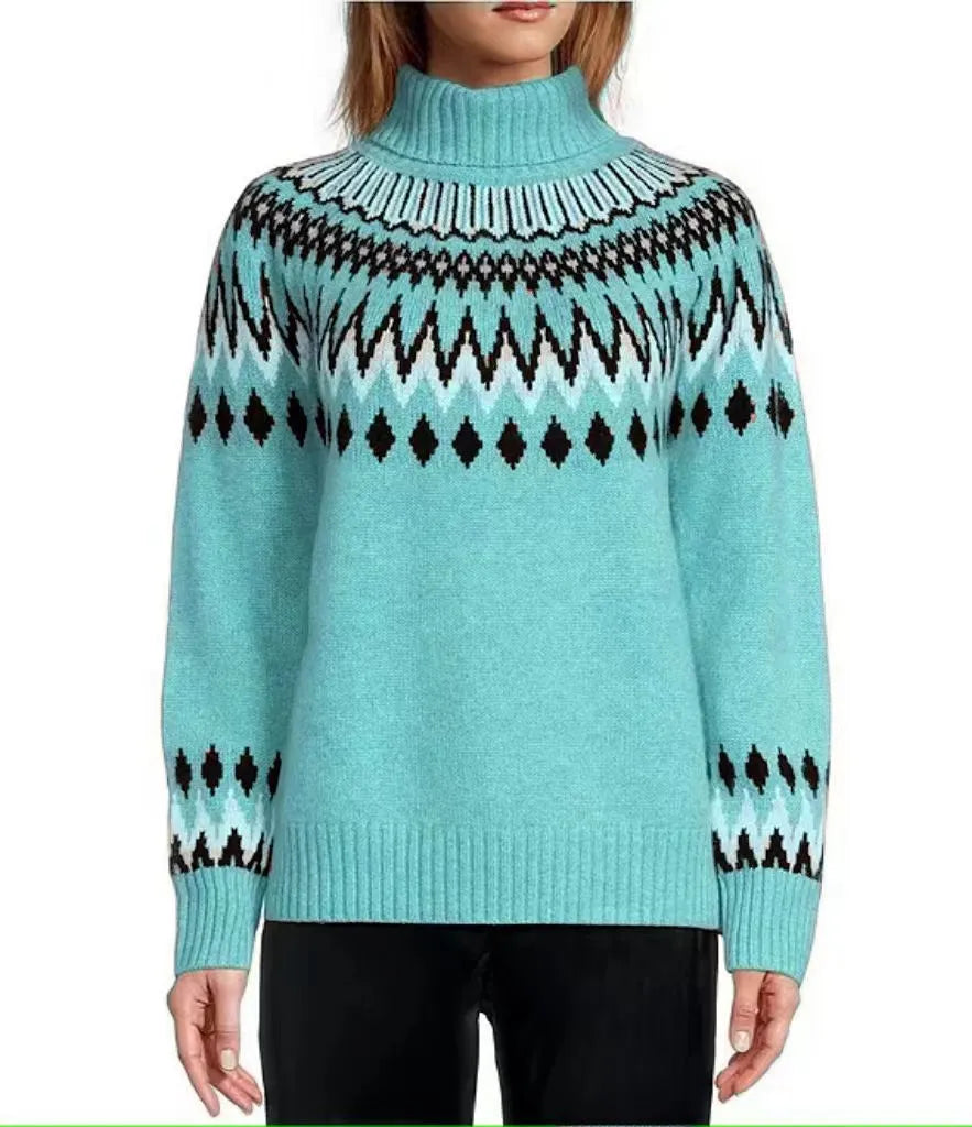 Women's knitted sweater in brown, acetate fibre jacquard pullover with long sleeves, front view