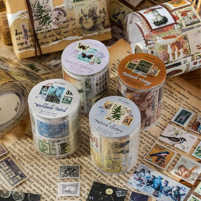 Coated paper stamp roll for retro journal decoration, 55mm wide, 2m long, four colour collections