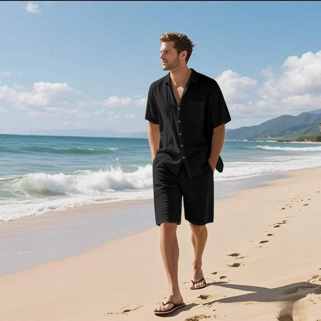 Men's linen blend short sleeve beach shirt and matching shorts in a light blue colour.