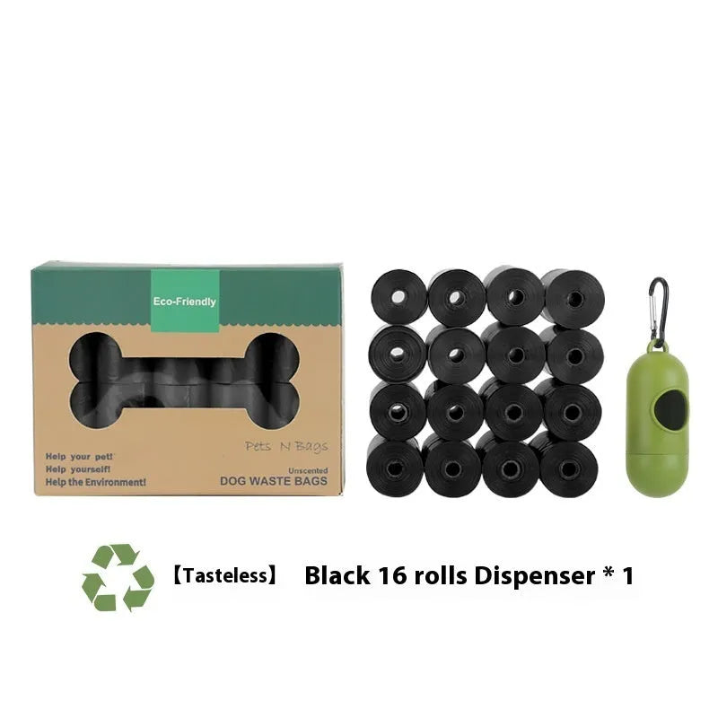 Green roll of EPI degradable thickened pet poop bags next to a green dispenser unit on a white background.