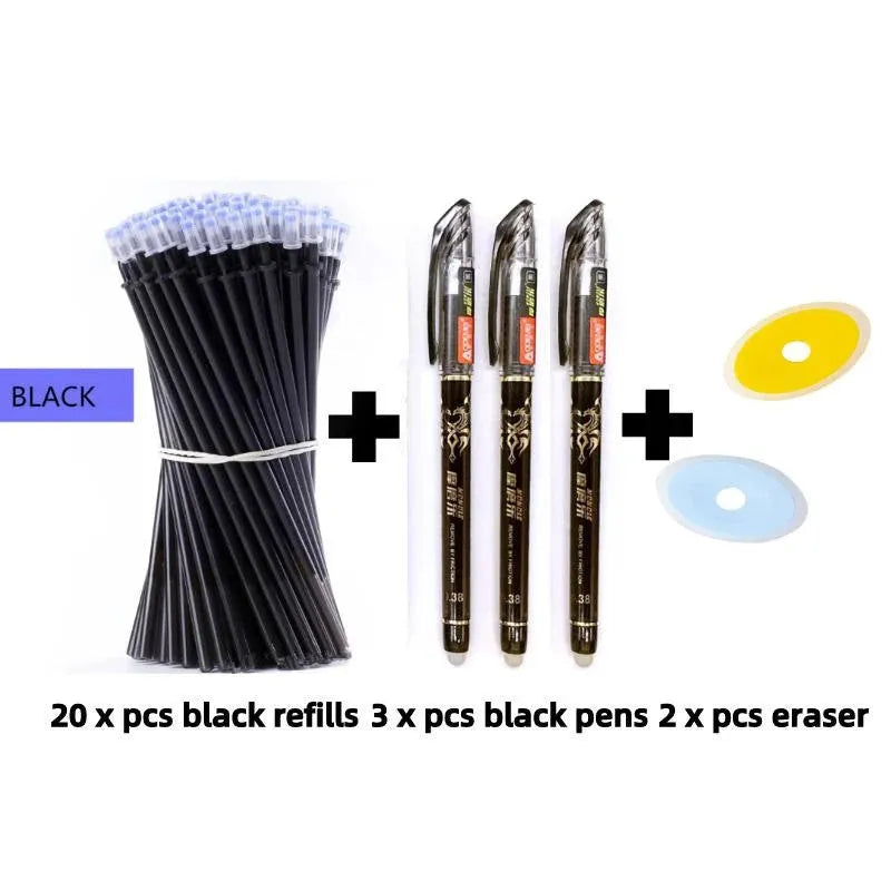 0.5mm hot erasable pen with plastic shell in black, blue, or red with refills and nib sets